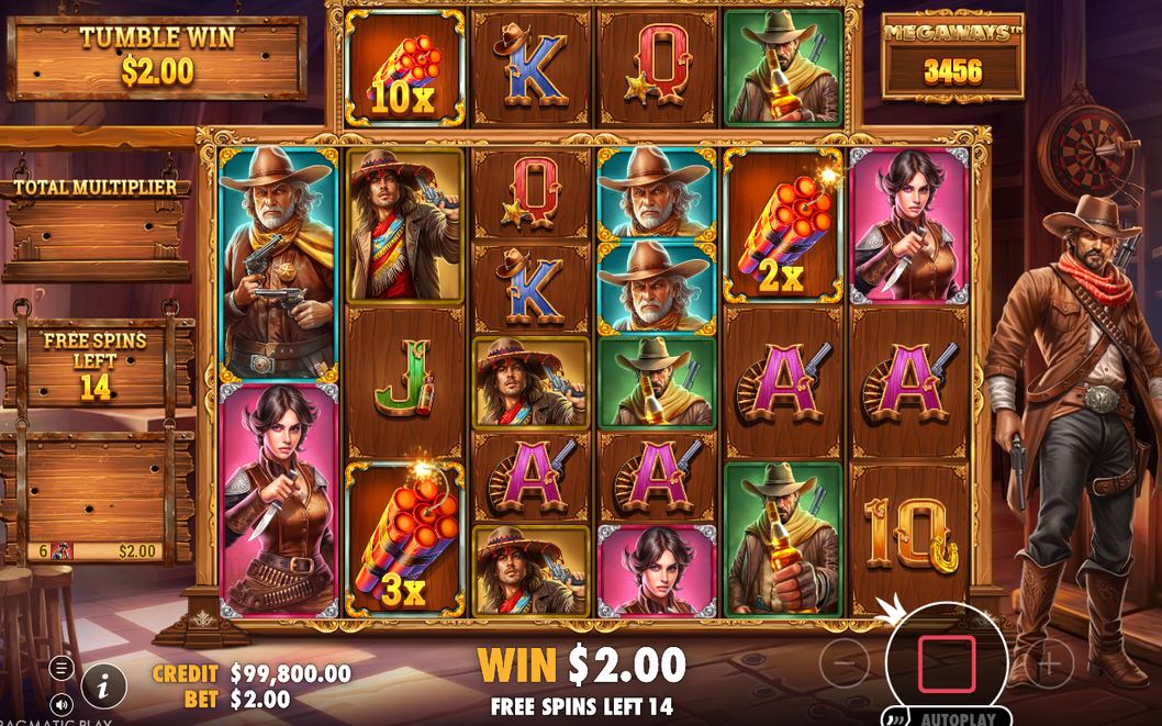 Free Spins i saloon-miljön, bakgrunden byter när bonusen startar